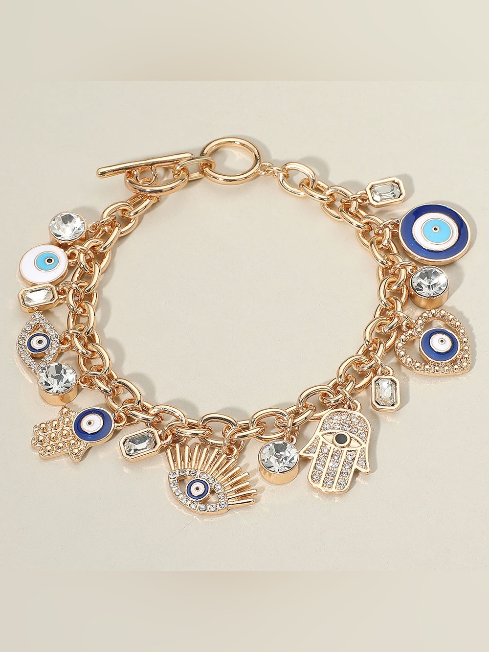 Enamel Stone Paved Evil Eye Hamsa Hand Stone Bezel Embellished Toggle Bracelet